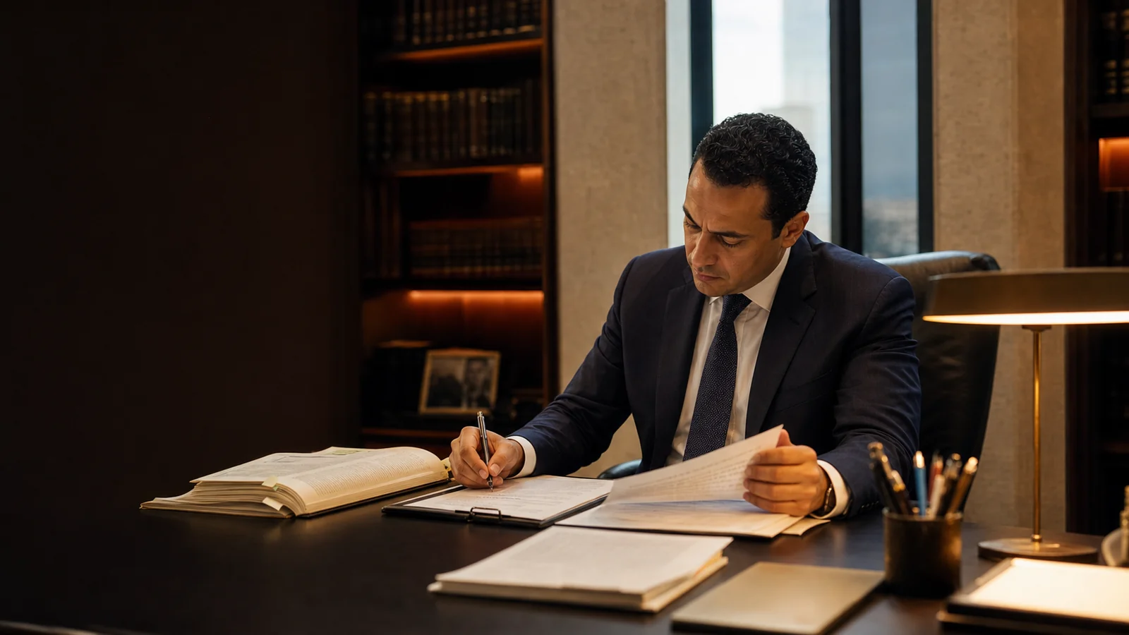 A Haq lawyer carefully reviewing and annotating a legal matter