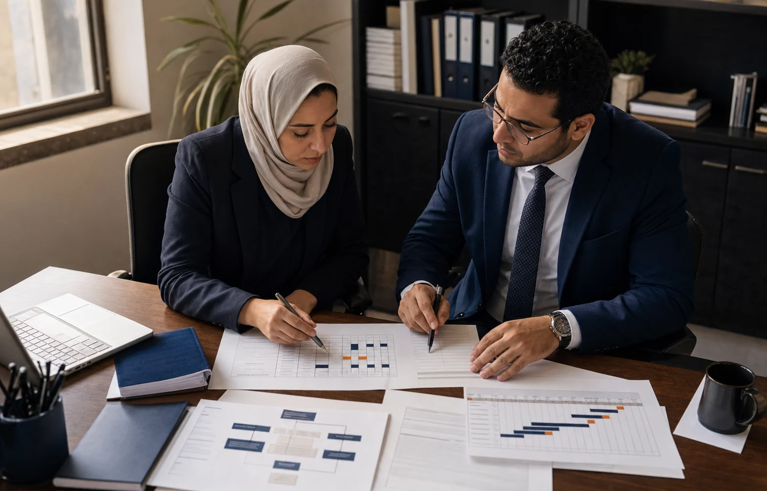 Egyptian legal and HR professionals reviewing employment records