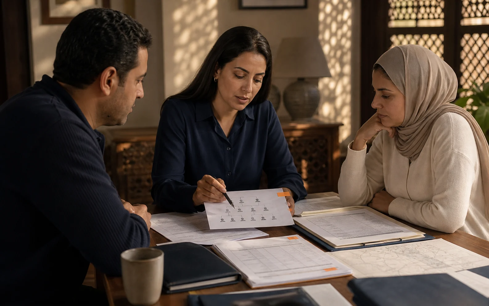 An Egyptian family organising an inheritance file with legal counsel
